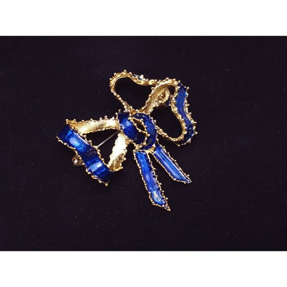 Vintage Victorian Tiffany & Co 18K Solid Yellow Gold Blue Enamel Bow Brooch Pin - Picture 6 of 16